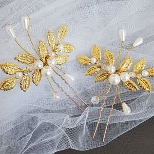 2pcs Set Bride Gold Leaf Pear hair Pin Headpiece